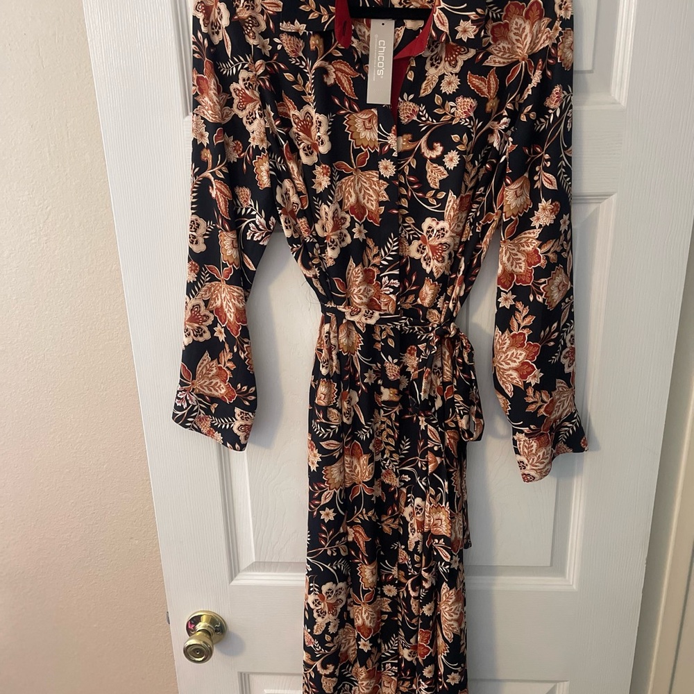 Chico's Black and Orange Wrap Maxi Dress with Bishop Sleeves